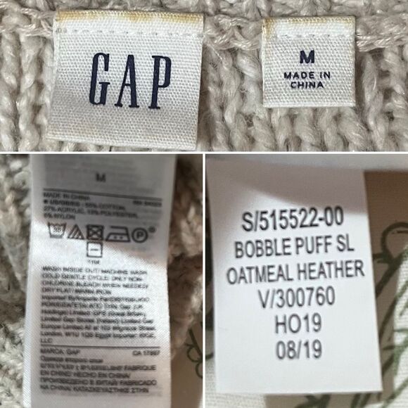GAP Heather Oatmeal Cream Crew Neck Sweater Bobble Textured Knit Puff Sleeves M - Picture 12 of 13